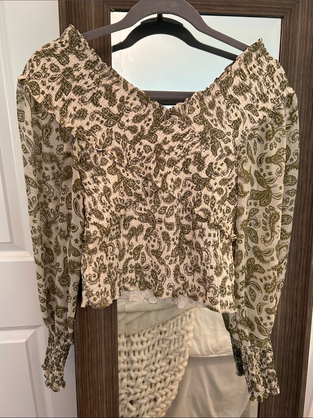 BB Dakota Olive and Cream Smocked Off-Shoulder Paisley Blouse